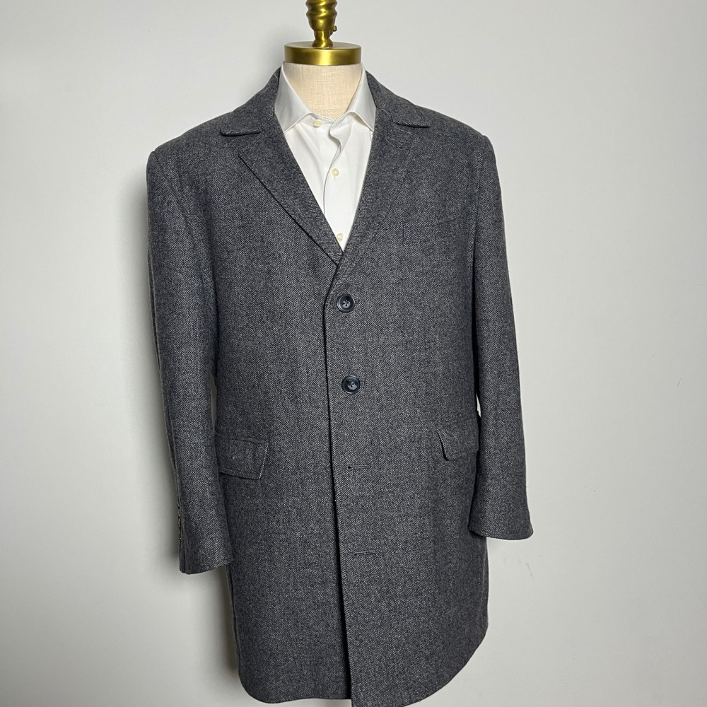 Calvin Klein Car Coat Mens 44S Grey Herringbone Wool Blend Overcoat Jacket